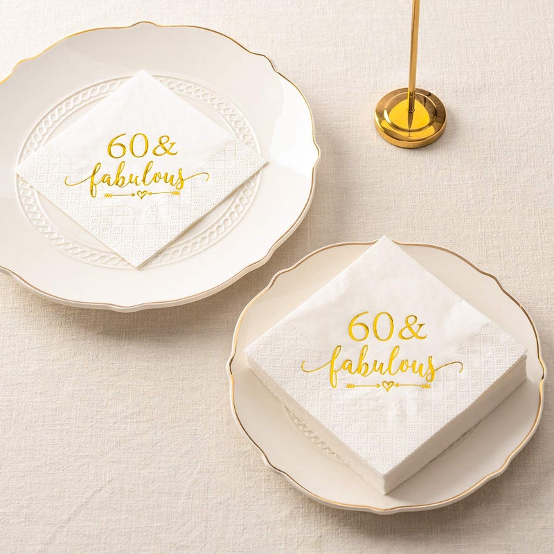 Crisky 3-Ply 60 and Fabulous Cocktail Napkins Gold for Women 60th Birthday Decorations, 60th Birthday Bevergae Dessert Table Supplies, 50Pcs - Image 5